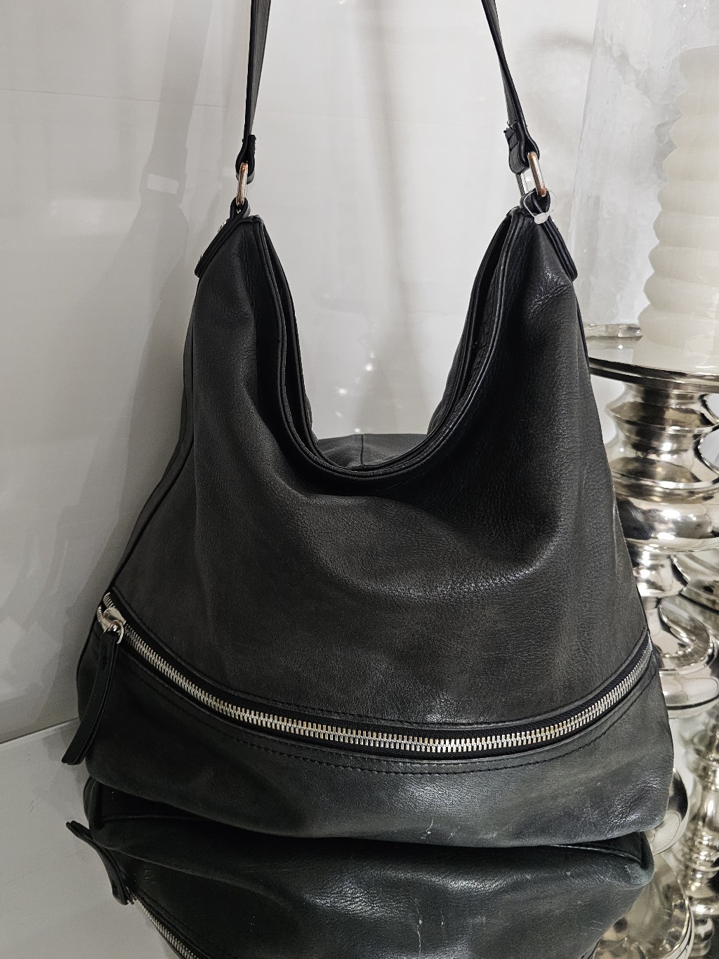 Margot Black Leather Shoulder Hobo Bag